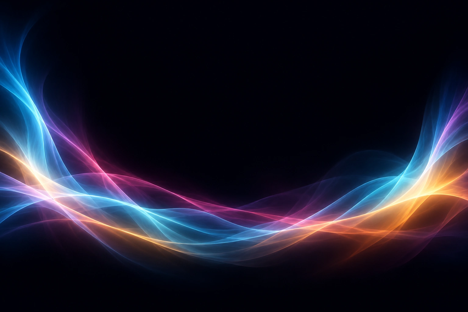 Luminous cyan, rose and amber silk curves surrounding a quiet dark centre